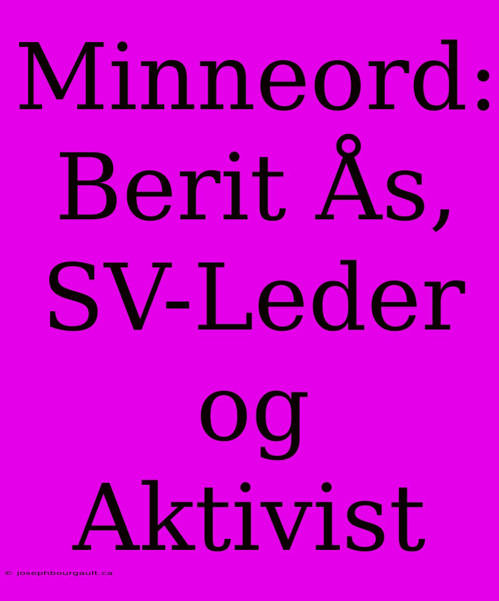 Minneord: Berit Ås, SV-Leder Og Aktivist